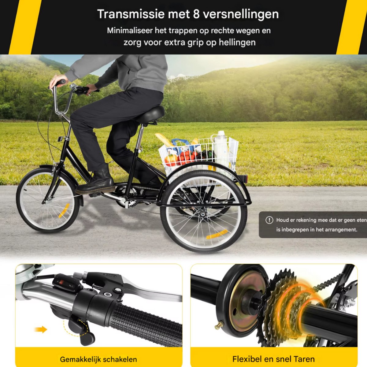 Driewieler Lissabon - 8 versnellingen - Fiets voor volwassenen en senioren - 20 Inch - Opvouwbare Trike - Met mand - Voorrem - Zwart