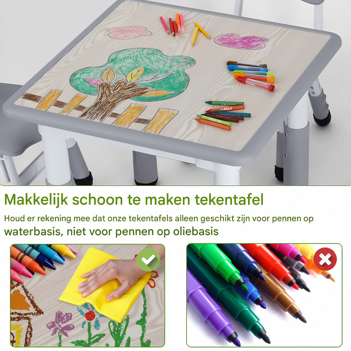 Kindertafel met stoeltjes - 2 stoelen - Activiteiten tafel - Speeltafel Kinderbureau - 3-8 jaar - In Hoogte Verstelbaar - Studeertafel voor Kinderen - Lichtgrijs