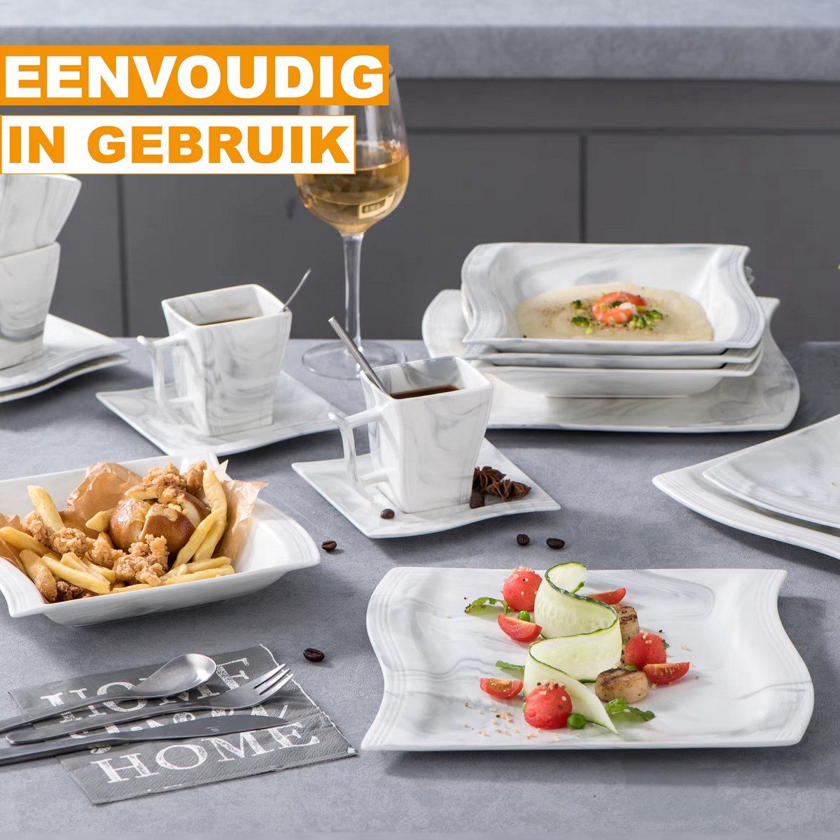 Splendid Bordenset – Dinerborden – 30 delig- 6 persoons – Marmerloook Keramisch – Kleine Borden – Perfect voor diner
