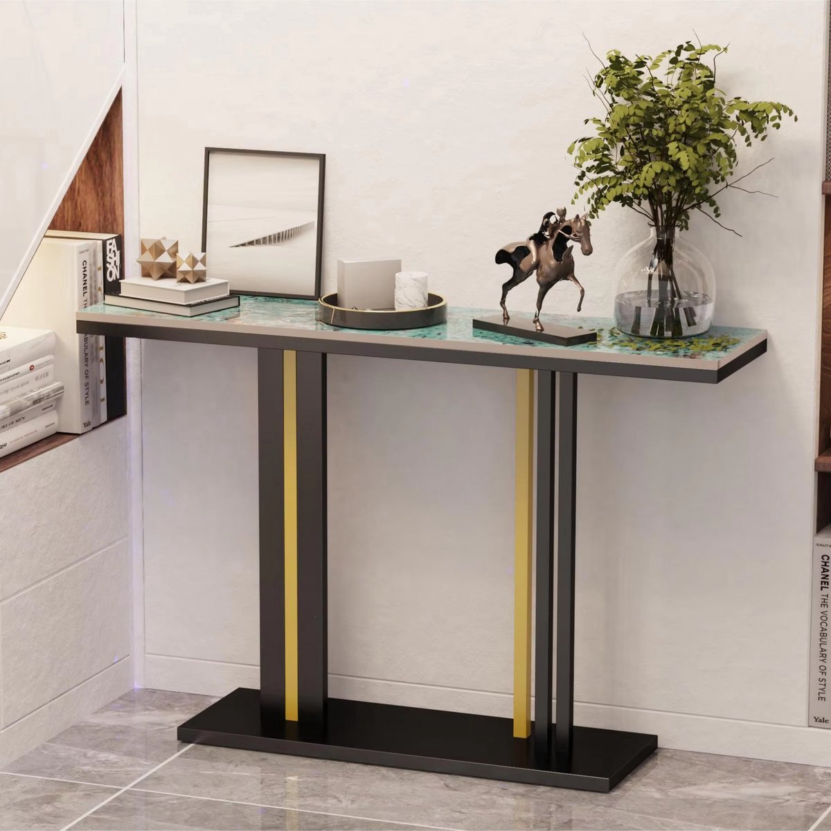 Moderne consoletafel Emerald Valora - Wandtafel met lades - Groen en wit - Marmerlook - Haltafel - Sidetable - 118cm