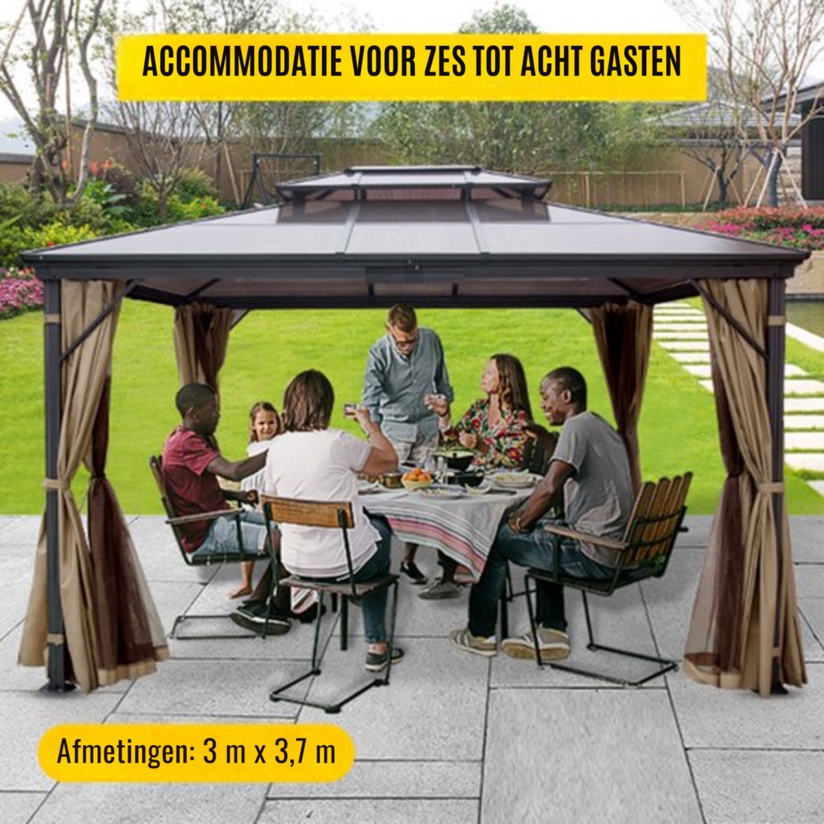 Paviljoen Gazebo - Aluminium Hardtop Pergola - Tuinpaviljoen - Partytent - 3 x 3,6 m - Met Mosquito Netting
