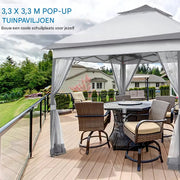 Tuinhuisje - Voor Buiten en Patio - Met 4 Afneembare Klamboes, UV- en Regendicht - Opvouwbaar met Dubbele Dakrand - 3,3 x 3,3 m - Lichtgrijs