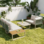 Tuinmeubelset - Loungeset - Tuinlounge Lounge Set - 4-5 Zits Lounge Set - Groen Leder & Rotan - Met Comfortabele Kussens voor Buiten