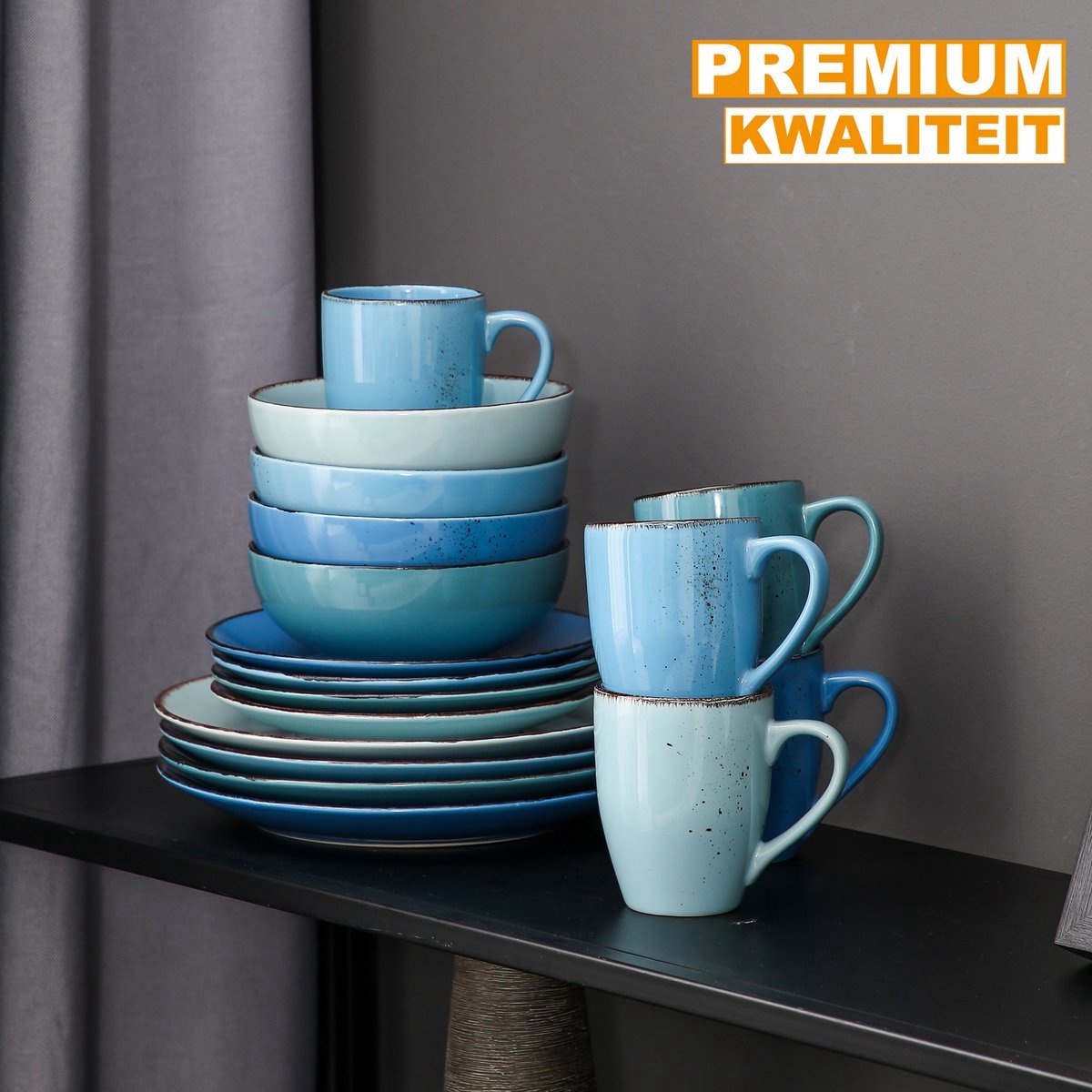 Majestic Lucenzo Serviesset - 16 delig - 12 persoons - Mix blauw - Dinerborden - Bordenset - Diepe borden - Ontbijtborden - Servies - Keukenservies - Luxe design - Tafelstijl