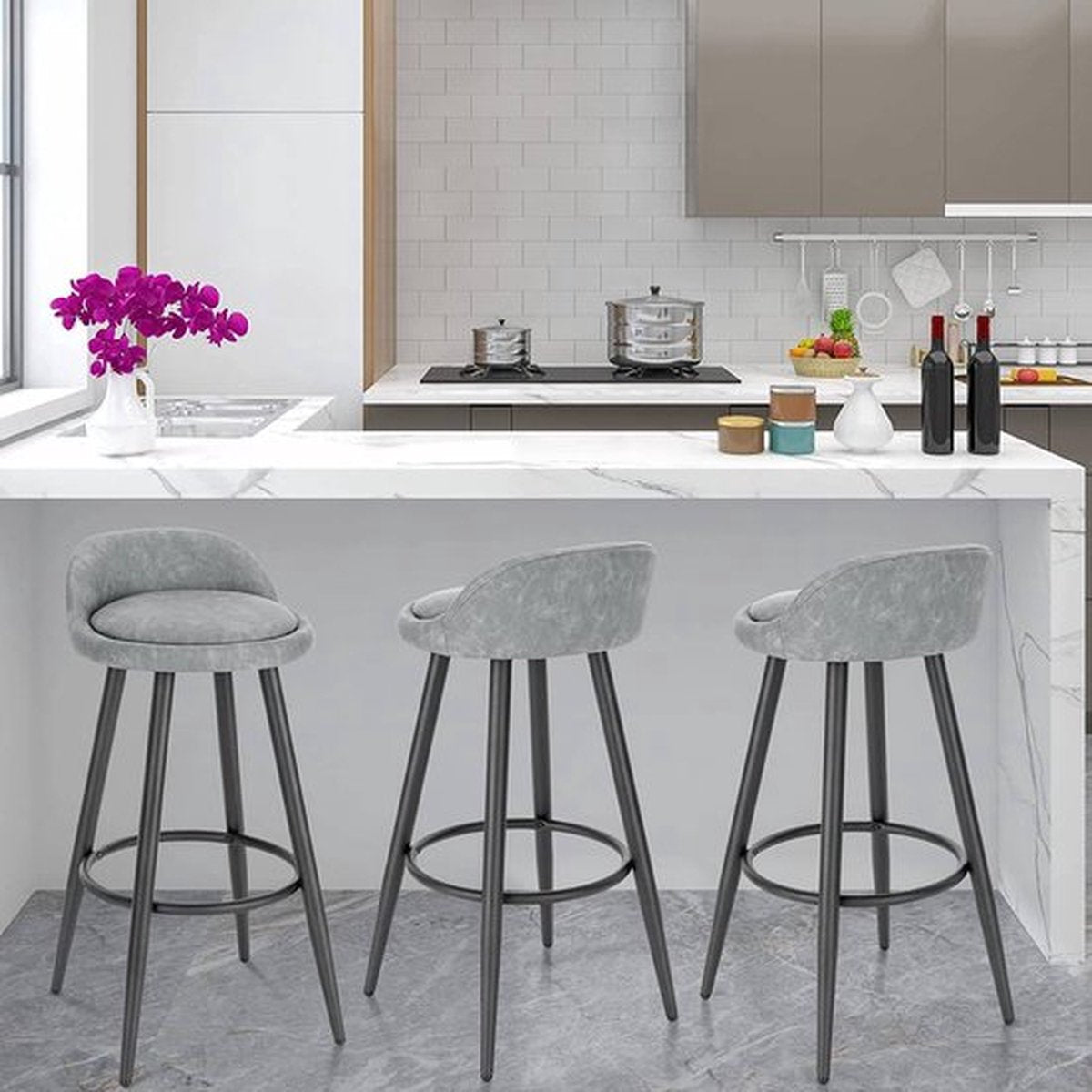 Leren Barkrukken - Set van 2 - Grijs - Met rugleuning - Ergonomische Barstoelen - Zithoogte 69cm