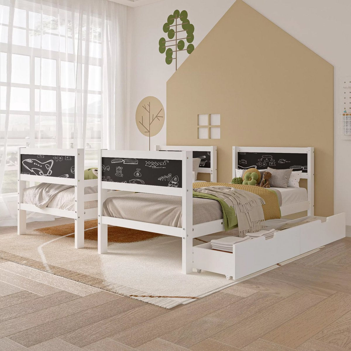 Stapelbed voor kinderen - 90x200 cm - Kinderbedden - Hoogslaper - Met Hoektrap, valbeveiliging en raam - Peuterbed