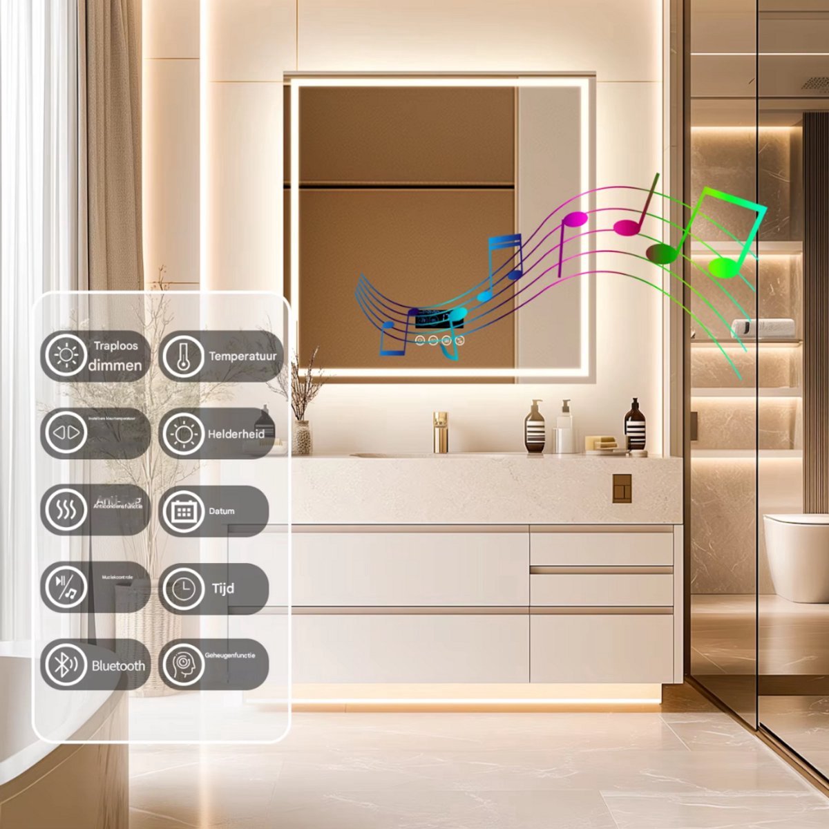 Badkamerspiegel Grandiose - Met bluetooth en verlichting - 80cm - Voor Badkamer, Make-up & Wandmontage - Dimbaar licht - Muziek - Vierkant