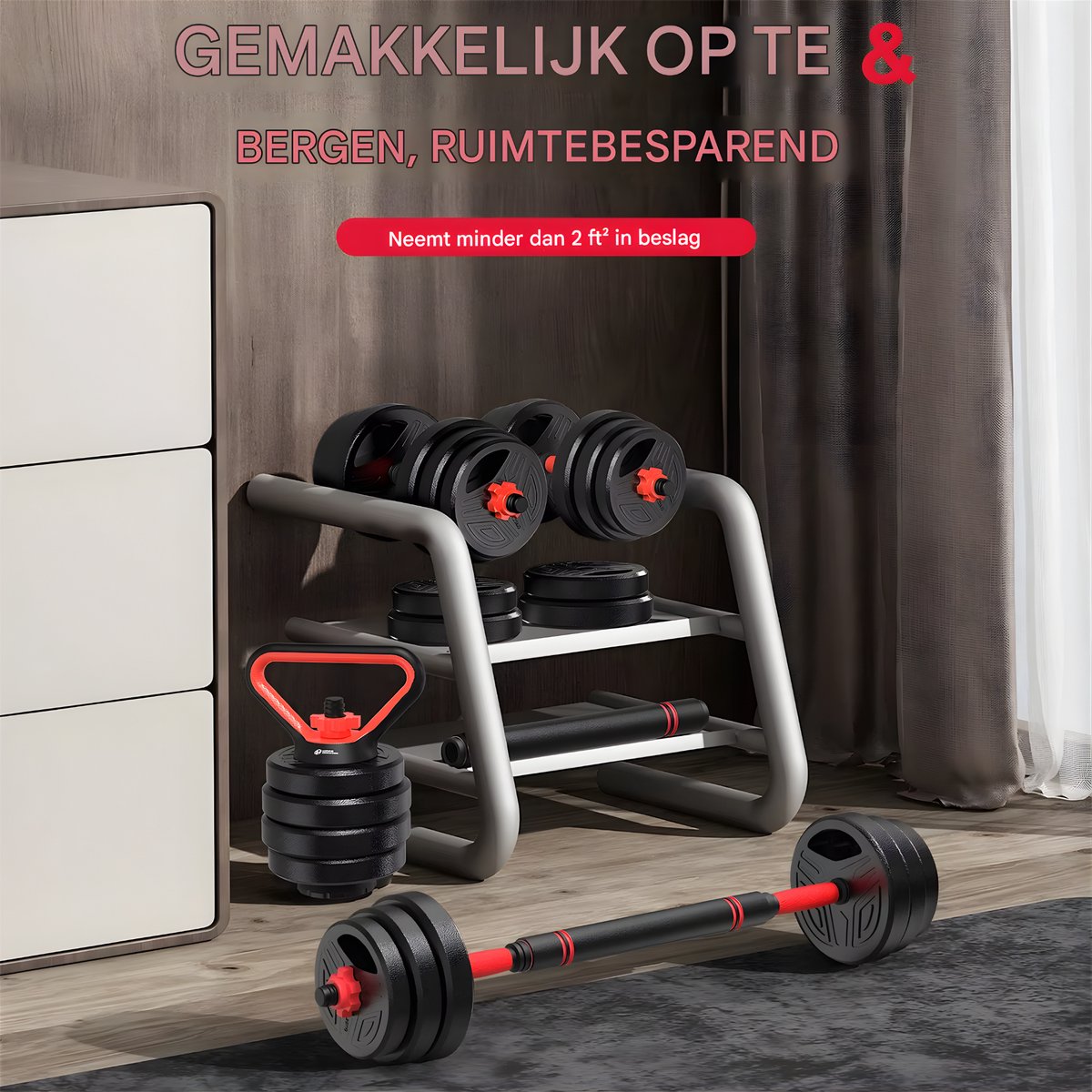 3-in-1 Halterset - Haltergrepen - Verstelbare dumbbells - Set 20 kg - Voor Home Gym & Krachttraining - Compleet Fitnessgewichtenset - Rood/zwart