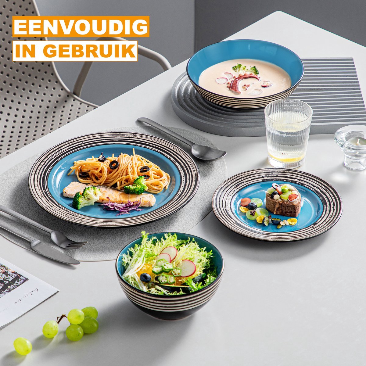 Noble Serviesset - 16 delig - 4 persoons - Blauw - Dinerborden - Bordenset - Diepe borden - Ontbijtborden - Servies - Keukenservies – Perfect voor diner