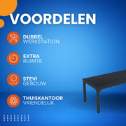 Computerbureau Milano - Voor 2 Personen - 200cm - Zwart - Voor thuis of werk - Hout en metaal