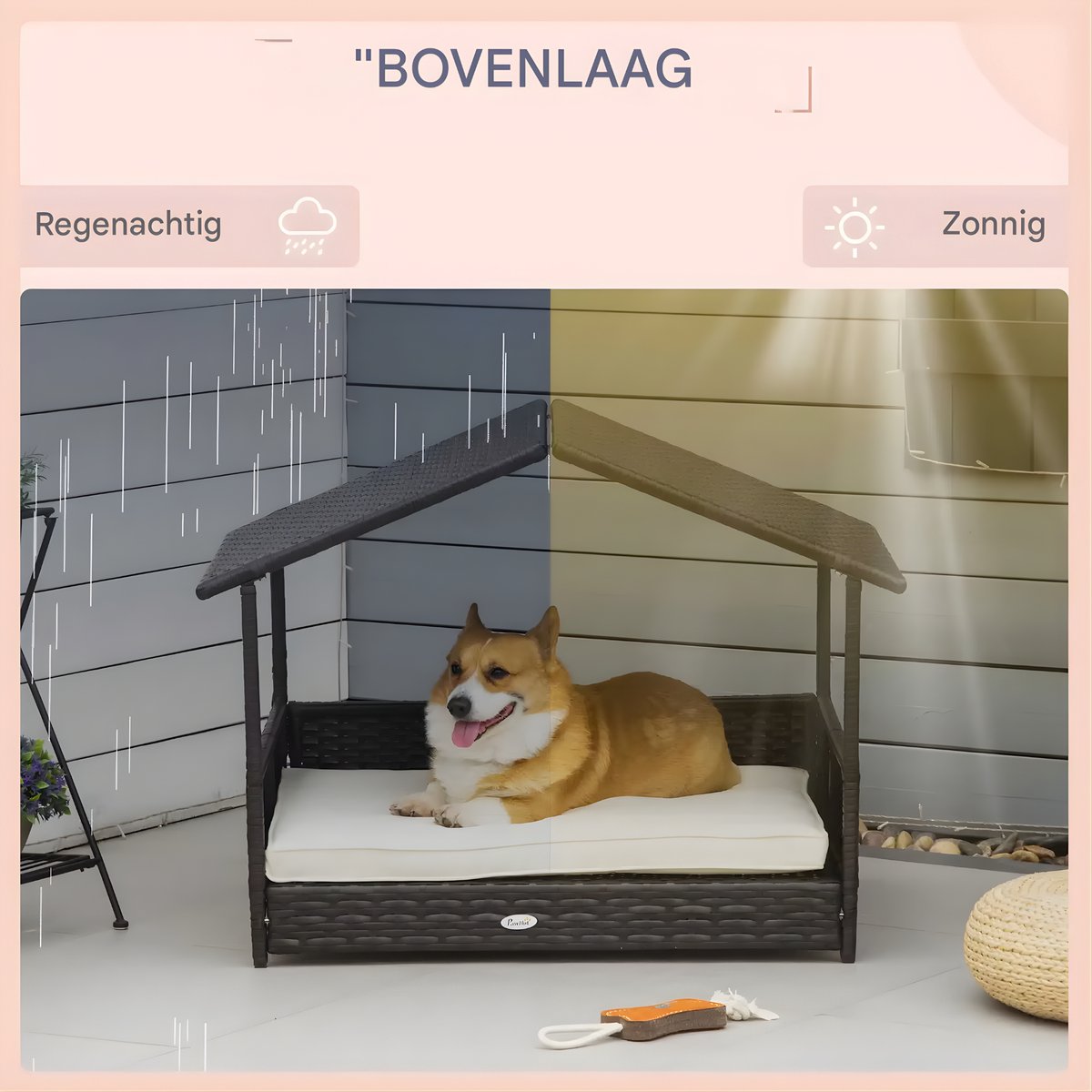 Hondenhuis met kussen - 98x69x73 cm - Voor Honden - PP Rotan Koffiebruin - Hondenbench (Binnen & Buiten) - Bench