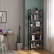 Boekenkast Lerrie - Industrieel - 6 Lagen - Zwart/Oak - Boekenrek - Woonkamer, slaapkamer en kinderkamer - Hout/Metaal - 60x28x180cm