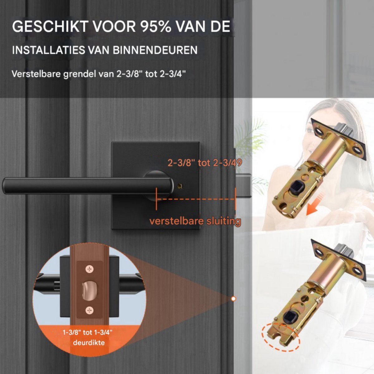 Deurbeslag zwart - Deurklink voor binnen - 35-45 mm Dikte - Zinklegering