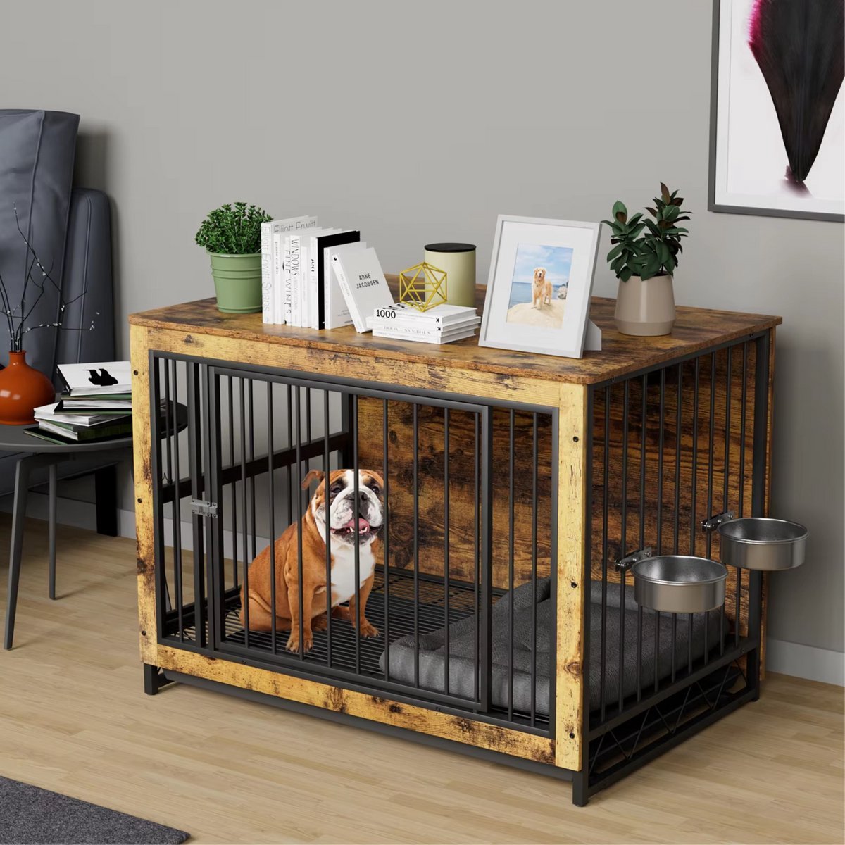 Houten Hondenbenche Tavien - Hondenren - Hondenkrat Bijzettafel met Afneembare Kommen en Dienblad - Dubbele Deuren Hondenkennel voor Middelgrote Honden Binnen - 99 x 63 x 72 cm - Bruin