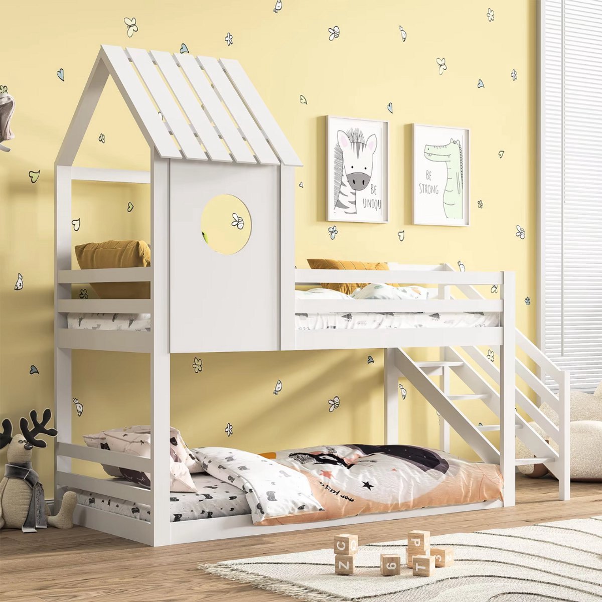 Stapelbed Tavien 200 x 90 cm - Voor Kinderen - 2 kinderbedden - Hoogslaper - Met Hoektrap, valbeveiliging en raam - Peuterbed