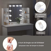 Kaptafel met LED Spiegel - Make-uptafel voor Slaapkamer - Met 2 Laden & 4 Opbergplanken - 90×40×125 cm