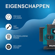Lijnlaser - Kruislijnlaser – Voor nauwkeurige horizontale en verticale uitlijning - In bouw en interieur – 16-lijnen 360° - Groen - Inclusief 1-meter statief