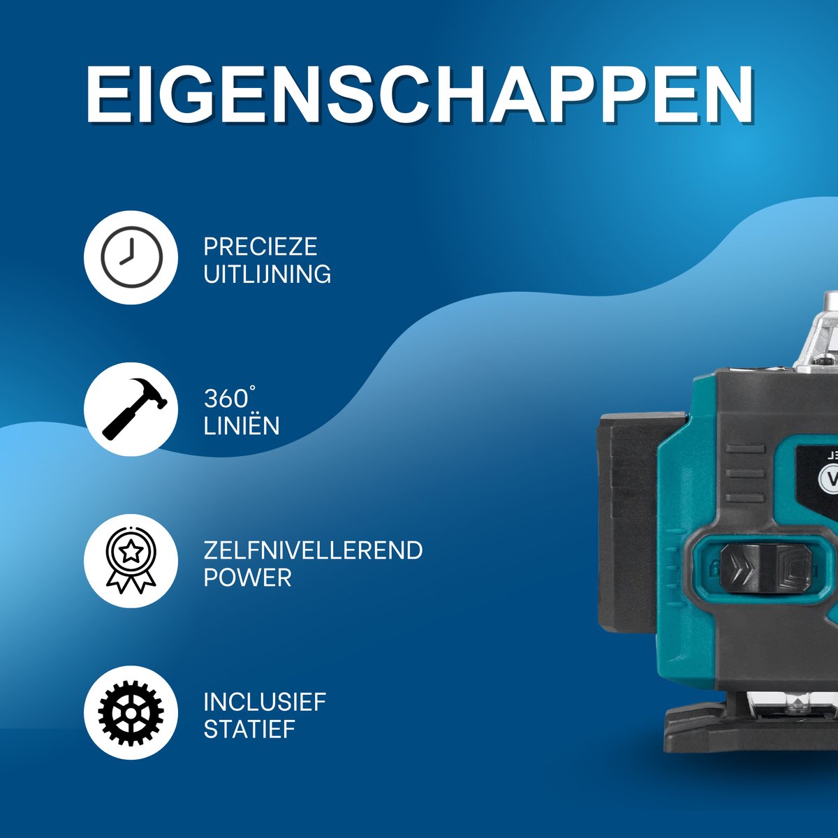Lijnlaser - Kruislijnlaser – Voor nauwkeurige horizontale en verticale uitlijning - In bouw en interieur – 16-lijnen 360° - Groen - Inclusief 1-meter statief