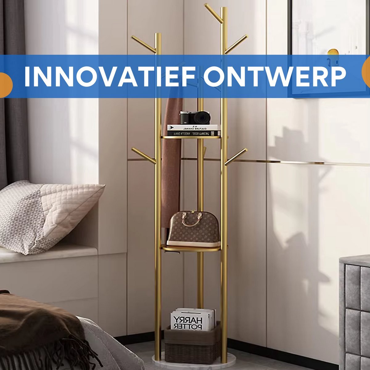Kapstok Levino Tavien - Met gouden metaal - Voor Slaapkamer en kantoor - Staande kapstok - 2 lagen