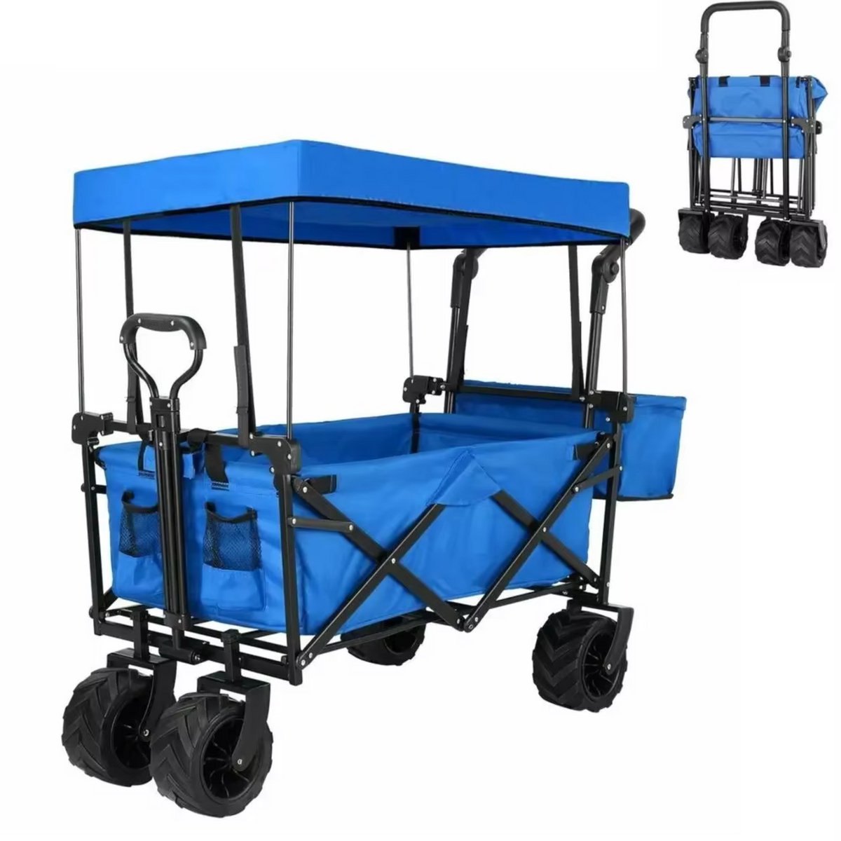 Opvouwbare bolderkar XL - 262L - Opvouwbaar tuinwagen - Met duwstang - Voor buitengebruik - Met verwijderbare luifel en 115 kg capaciteit - All terrain - Blauw