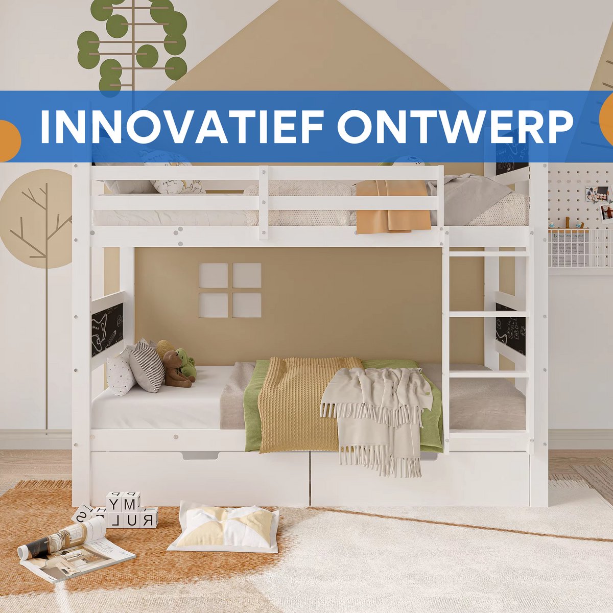 Stapelbed voor kinderen - 90x200 cm - Kinderbedden - Hoogslaper - Met Hoektrap, valbeveiliging en raam - Peuterbed