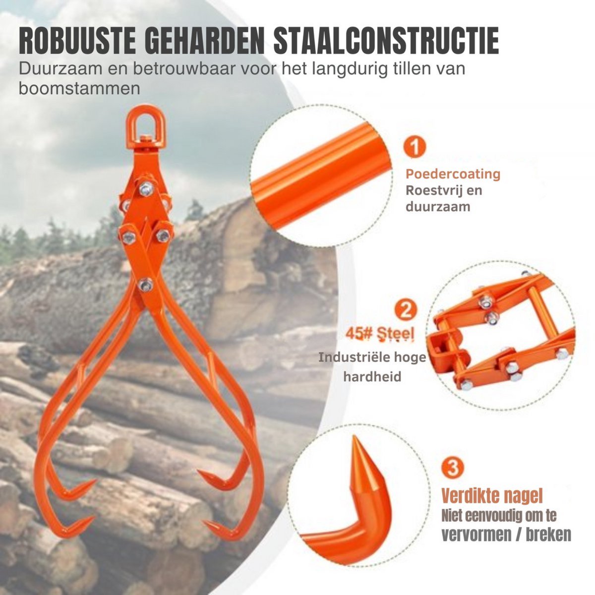 Professionele Bosbouwtang - Stamverplaatser 1000kg - Transporttang - Oranje Handgreep
