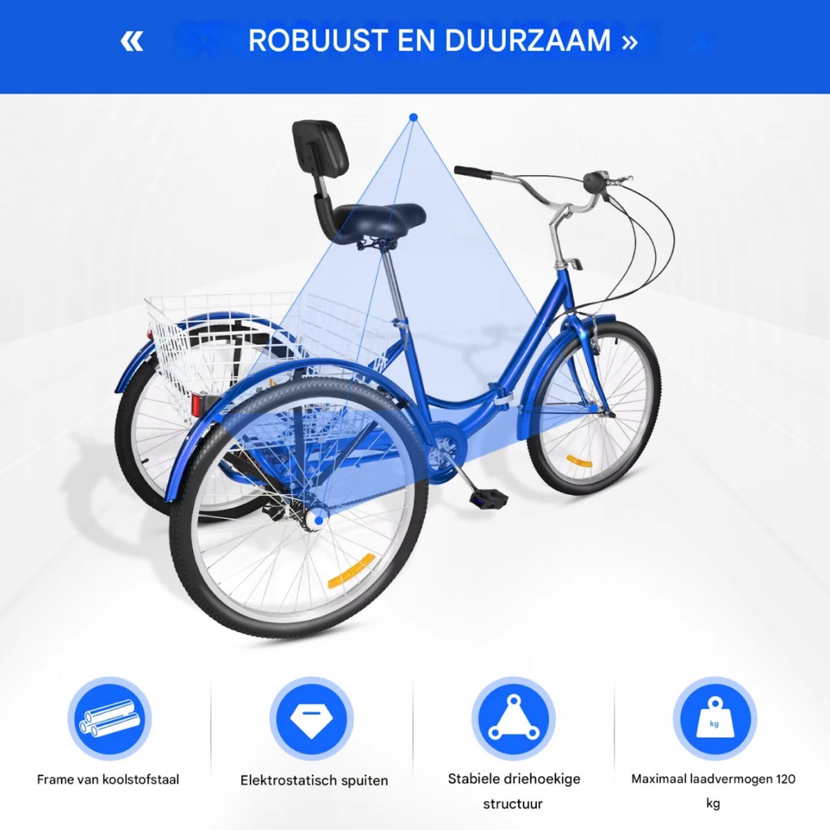 Driewieler Rustic Tavien - 7 versnellingen - Fiets voor volwassenen en senioren - 24 Inch - Opvouwbare - Verstelbaar - Met mand - Voorrem - Blauw - 120KG