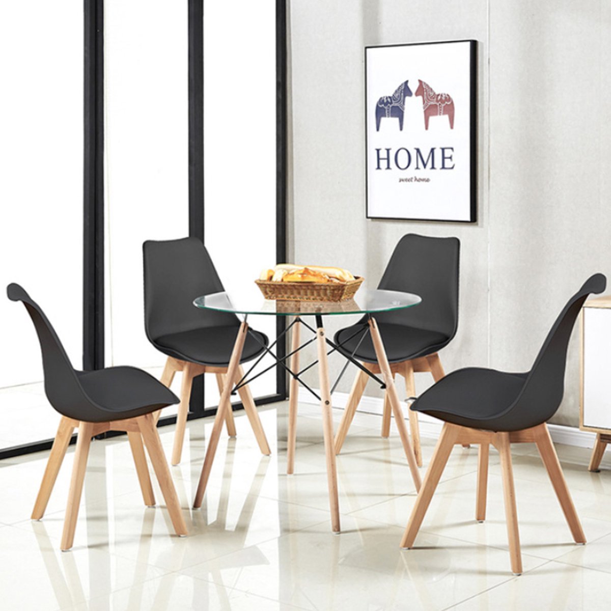 Happyment Eetkamertafel met stoelen - Woonkamerstoelen zwart - Keukentafel - Kuipstoel - Eethoek set van 4