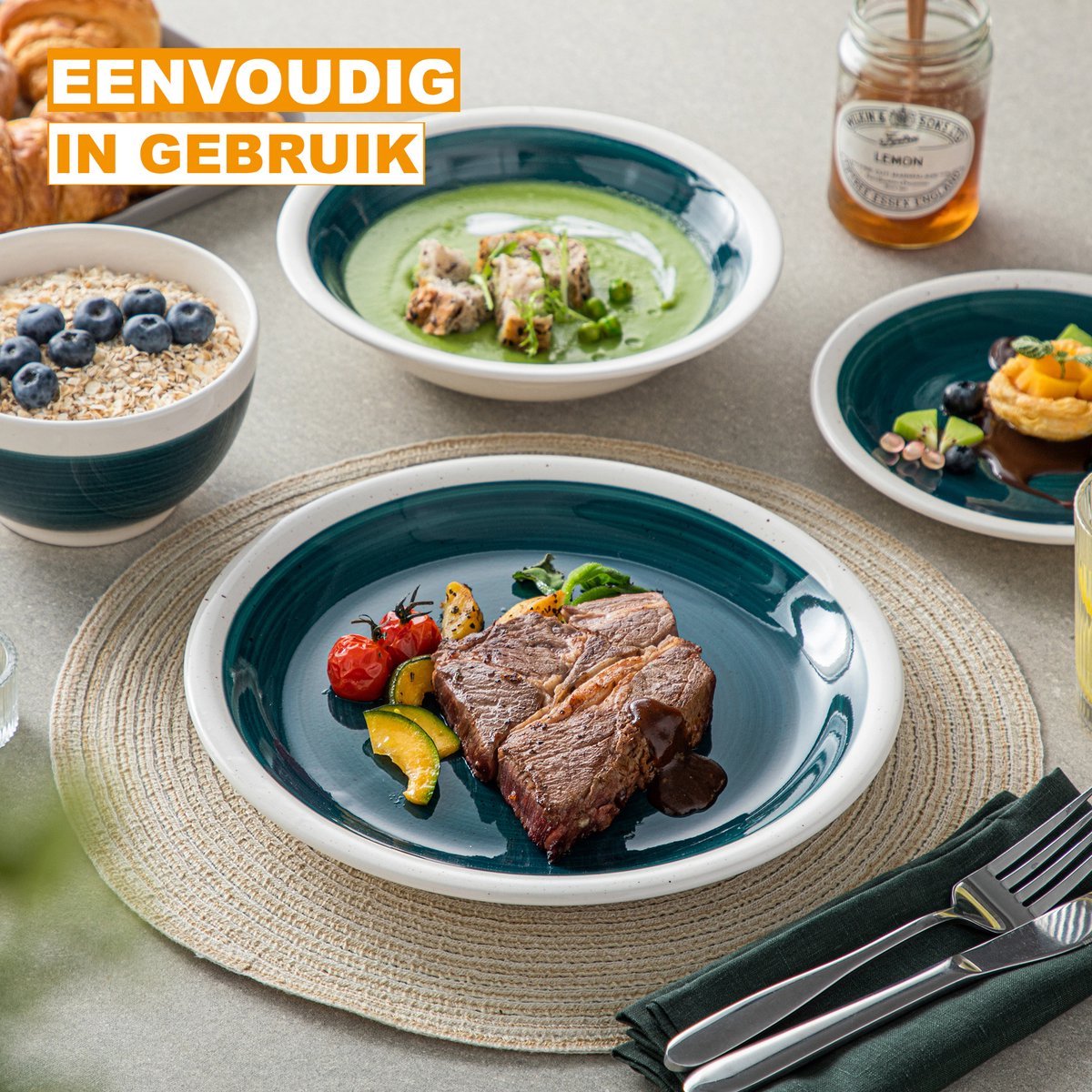 Verdano Serviesset - 32 delig - 8 persoons - Donkergroen/Witte rand - Dinerborden - Bordenset - Diepe borden - Ontbijtborden - Servies - Keukenservies