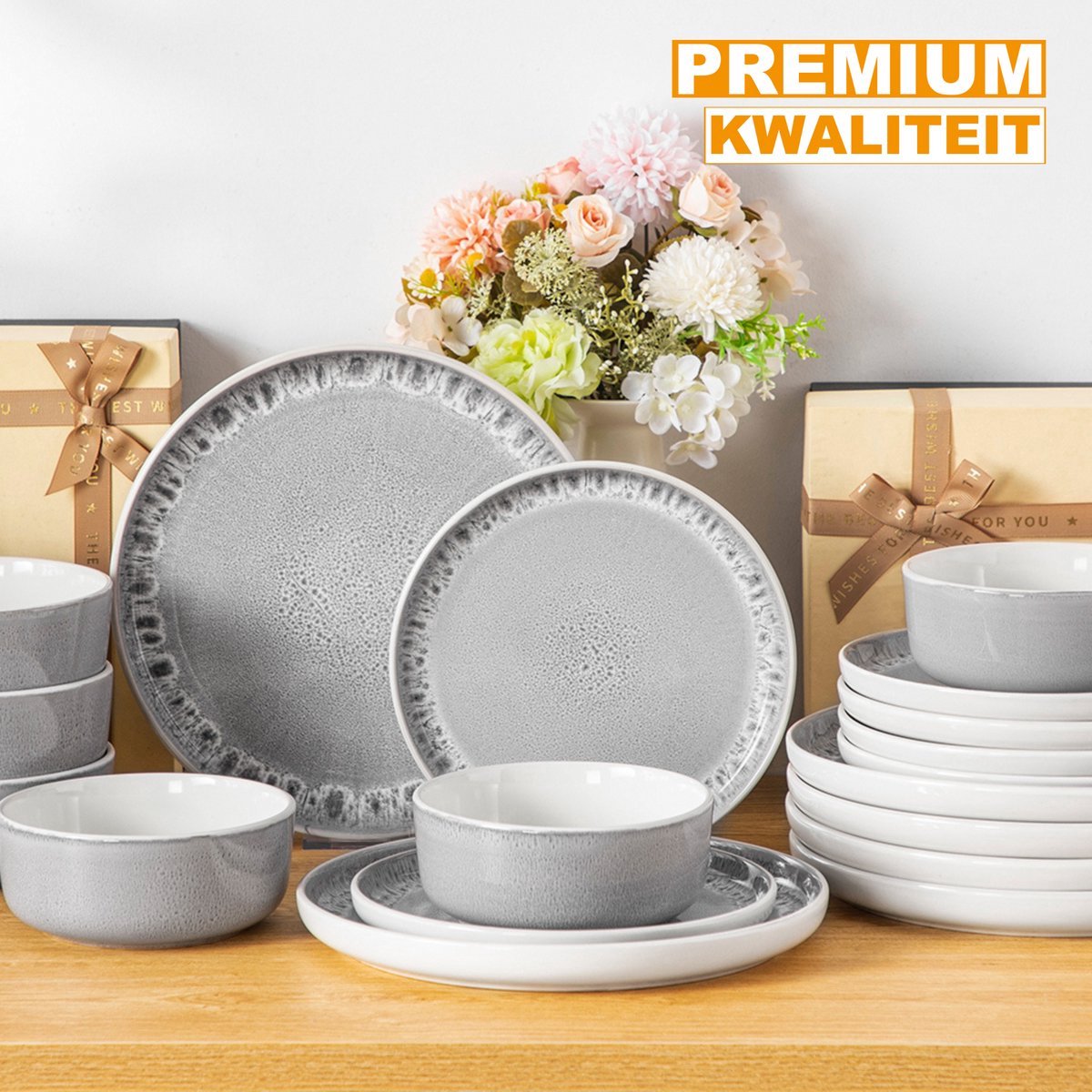 Majestic Averto Serviesset - 36 delig - 8 persoons - Grijs - Dinerborden - Bordenset - Diepe borden - Ontbijtborden - Servies - Keukenservies - Luxe design - Tafelstijl