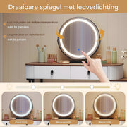 Kaptafel met LED-verlichting - Make-up tafel - Voor Slaapkamer - 3-delige Verstelbare Lichtintensiteit - Inclusief Mobiele Spiegel & Zijkast van