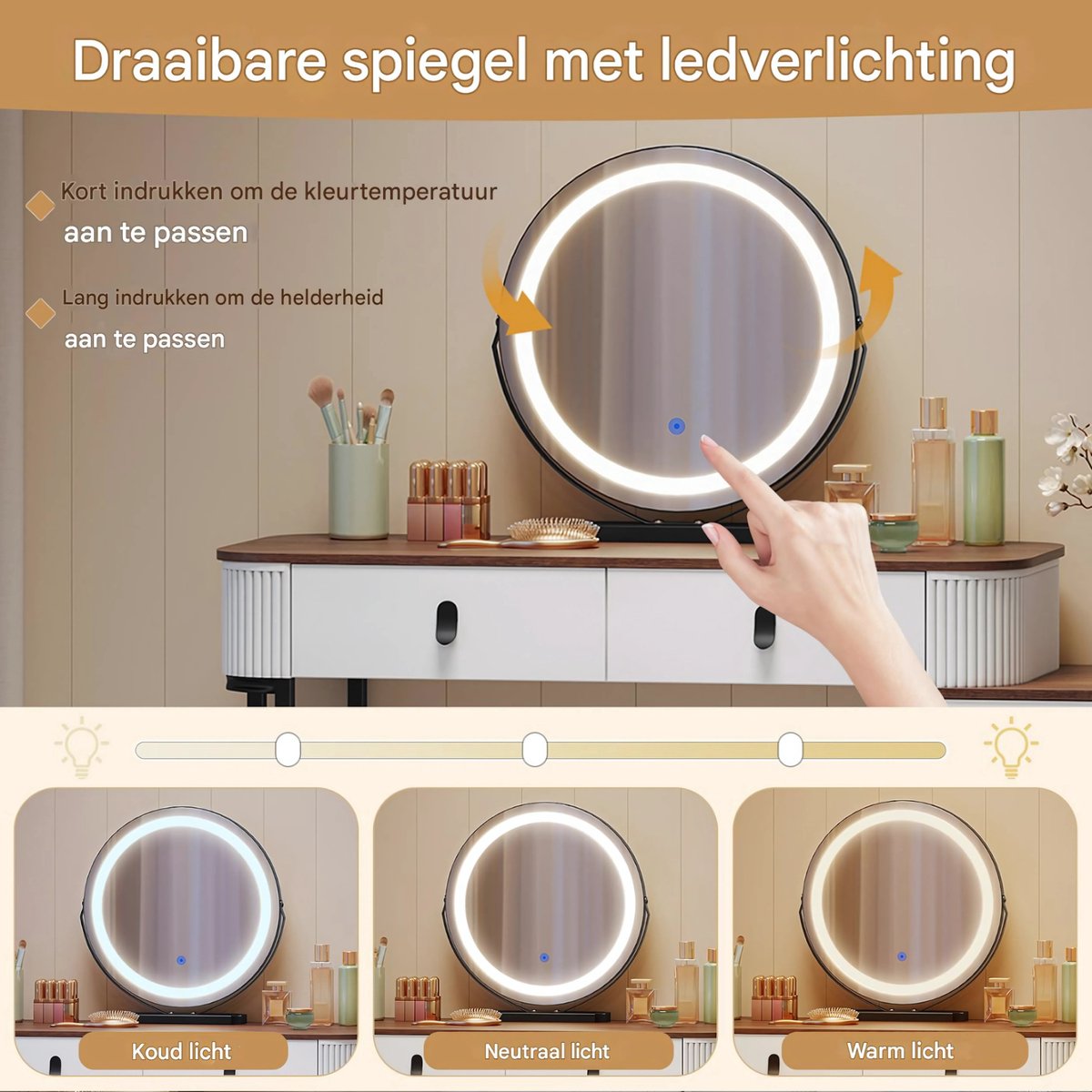 Kaptafel met LED-verlichting - Make-up tafel - Voor Slaapkamer - 3-delige Verstelbare Lichtintensiteit - Inclusief Mobiele Spiegel & Zijkast van
