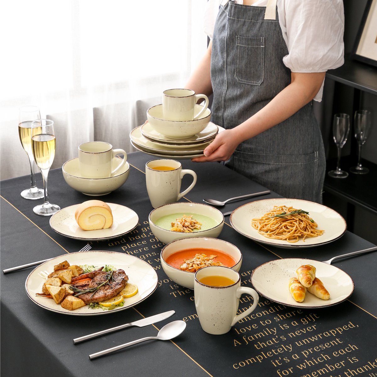 Ziza Serviesset - 16 delig - 4 persoons - Beige - Dinerborden - Bordenset - Diepe borden - Ontbijtborden - Servies