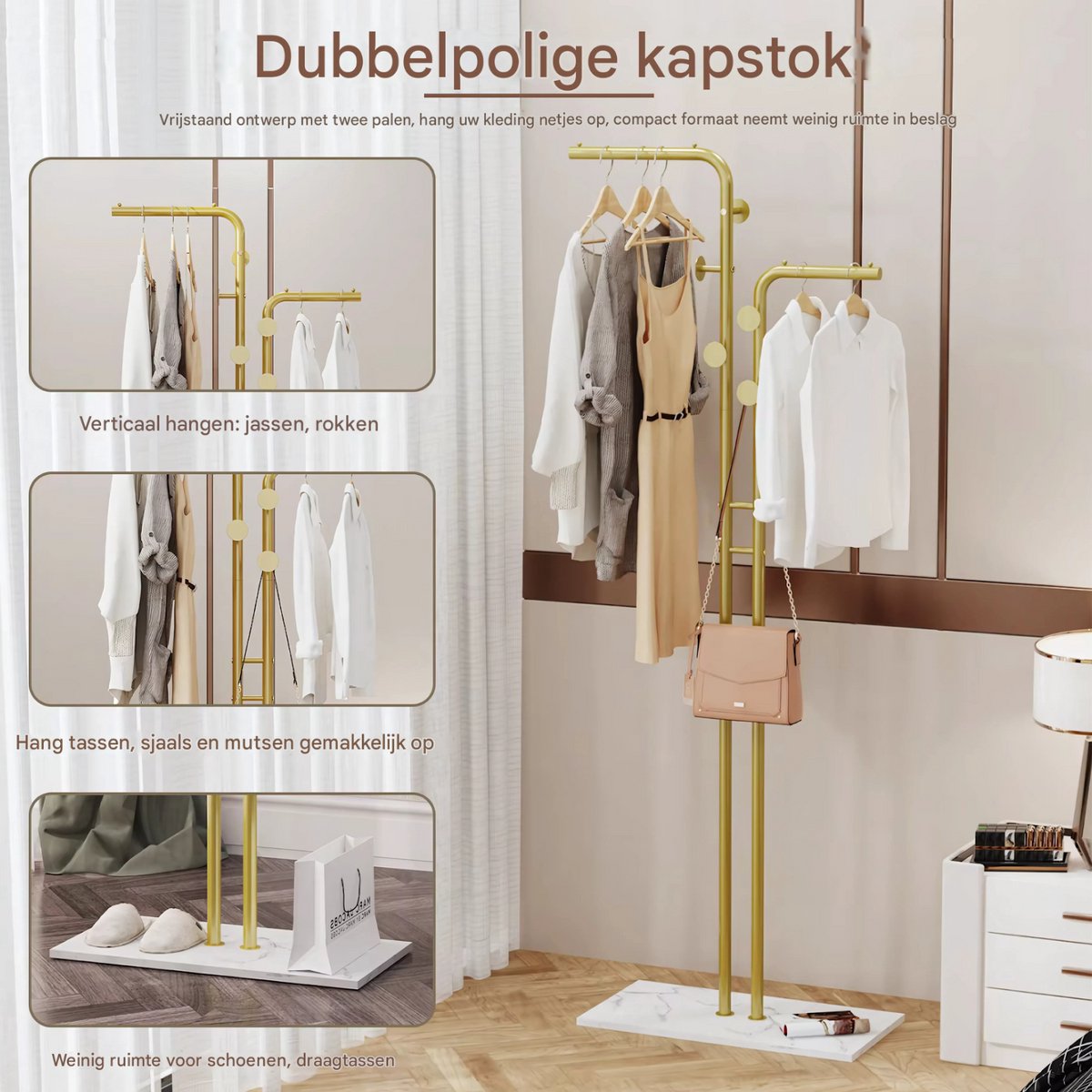 Elegante kledingrek - Goud - Met kledingroede voor hal, slaapkamer of woonkamer - 2 Kledingstangen