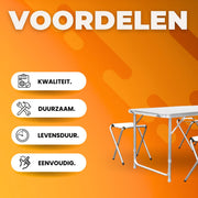 Kampeertafel 5-delig - Opvouwbaar - Klaptafel - Voor Camping en Tuin - Inklapbaar met 4 Krukken - Aluminium 120 cm - Wit