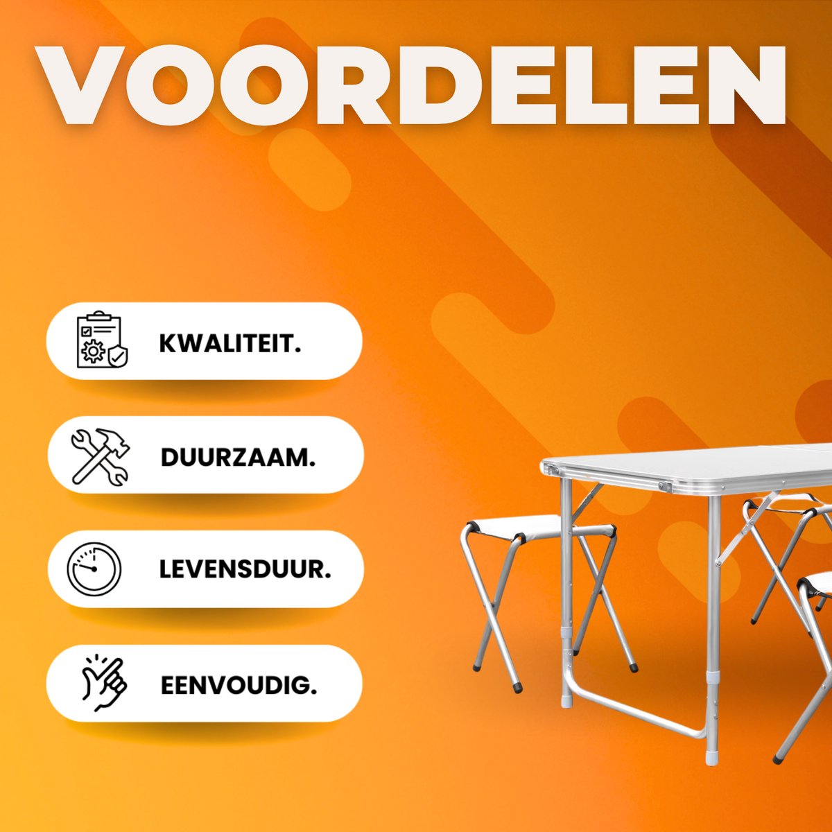 Kampeertafel 5-delig - Opvouwbaar - Klaptafel - Voor Camping en Tuin - Inklapbaar met 4 Krukken - Aluminium 120 cm - Wit