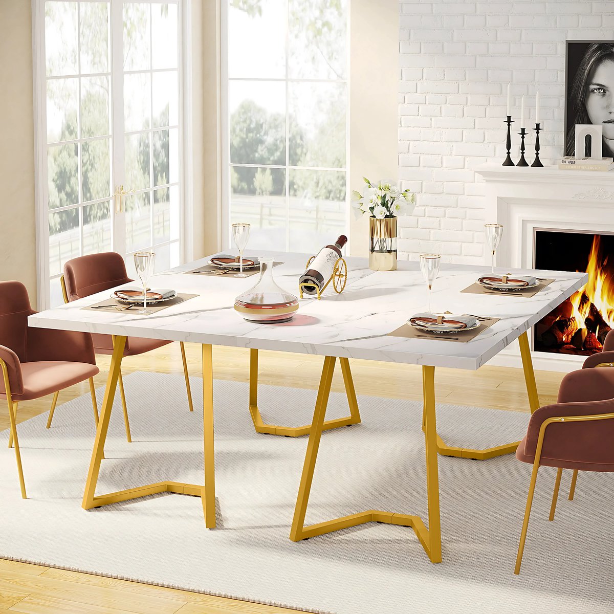 Moderne eetkamertafel Luvia - Woonkamer -Marmerlook Blad - 160cm