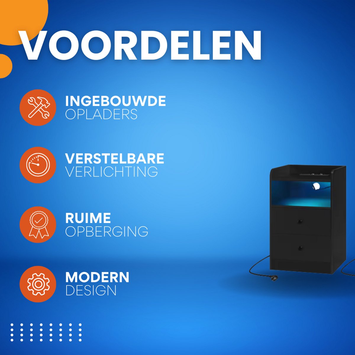 Nachtkast met RGB lichten - Zwart - Slaapkamer - Met ingebouwde usb oplaadpoorten