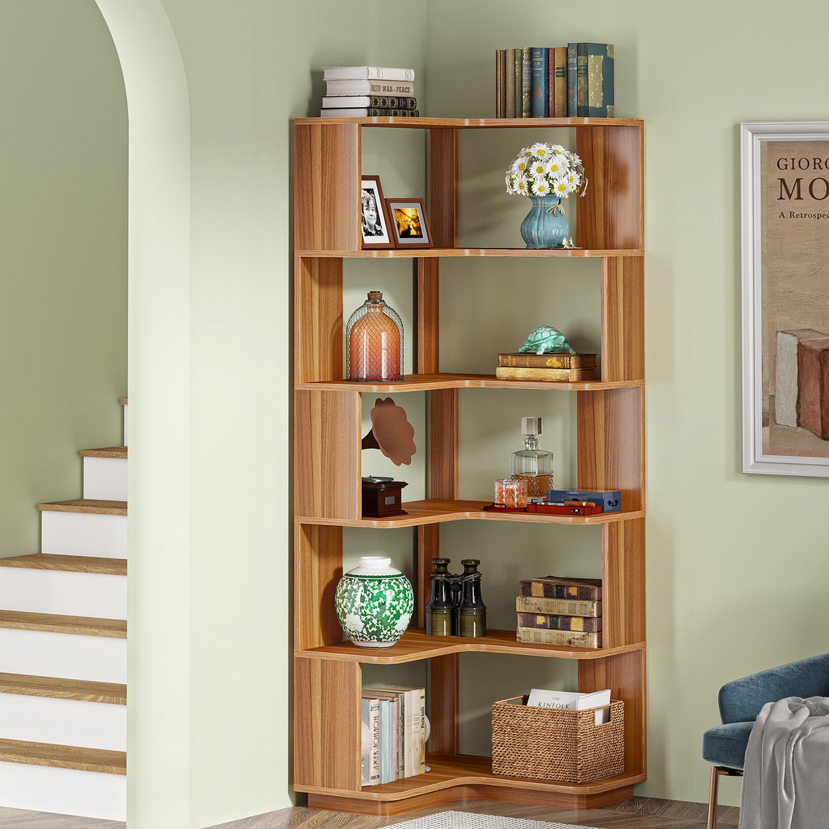 Hoekkast Dali - 6 lagen - Boekenrek - Boekenkast voor woonkamer of slaapkamer - Opbergrek - Hout - 165cm