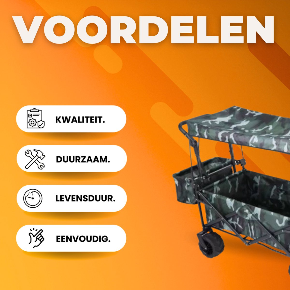 Opvouwbare bolderkar XL - 262L - Opvouwbaar tuinwagen - Met duwstang - Voor buitengebruik - Met verwijderbare luifel en 115 kg capaciteit - All terrain - Camo