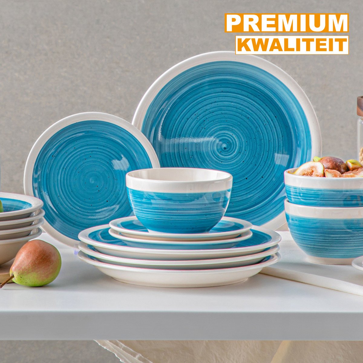 Montario Serviesset - 16 delig - 4 persoons - Blauw/Witte rand - Dinerborden - Bordenset - Diepe borden - Ontbijtborden - Servies - Keukenservies