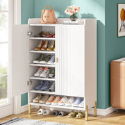 Schoenenkast Datino - Met deuren - Wit - Schoenenrek - 110cm - 6 laags - Houten opbergkast met kleppen