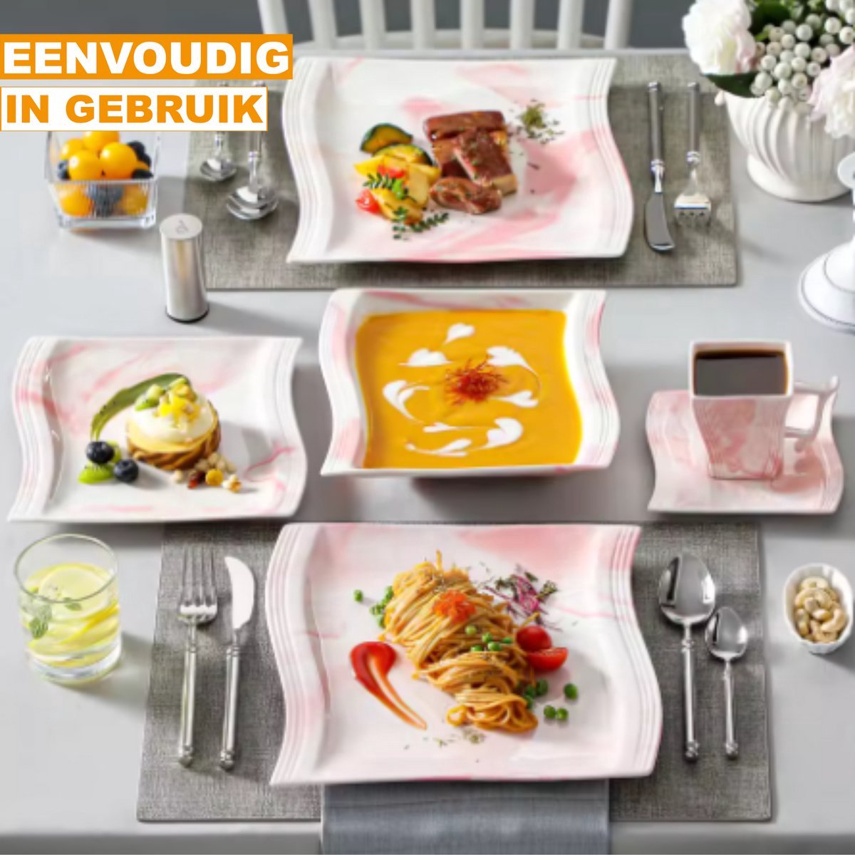 Aristocratic Dinerborden – Ontbijtborden – 6 persoons – 30 delig – Roze Keramisch – Eetborden – Perfect voor diner