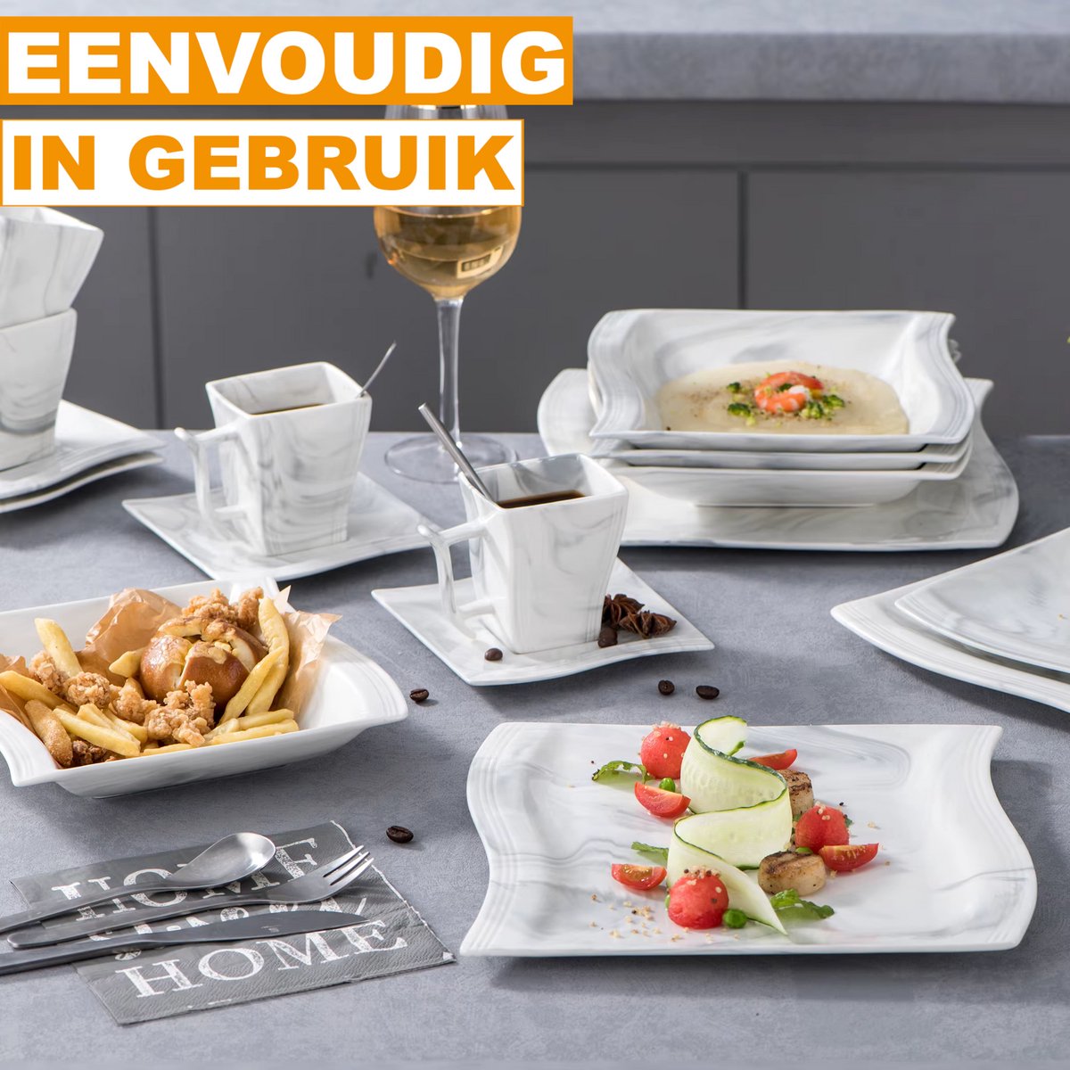 Noble Ontbijtborden – 6 persoons – Marmerlook Keramisch – Dinerborden – Ontbijtborden