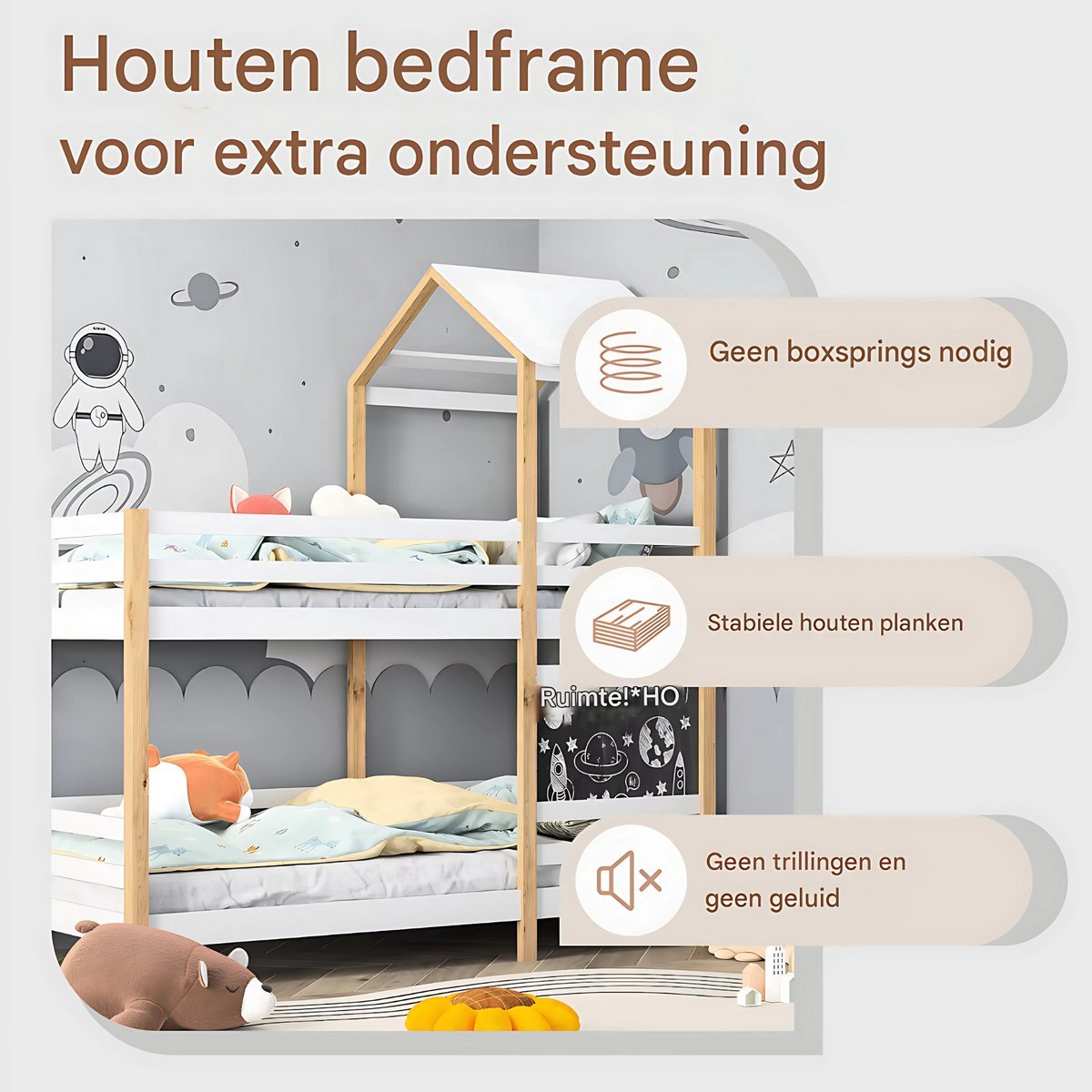 Stapelbed Fioren voor kinderen - 90x200 cm - Kinderbedden - Schoolbord - Met Hoektrap, valbeveiliging en raam - Peuterbed - Hoogslaper