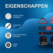 3-in-1 Halterset - Haltergrepen - Verstelbare dumbbells - Set 20 kg - Voor Home Gym & Krachttraining - Compleet Fitnessgewichtenset - Rood/zwart