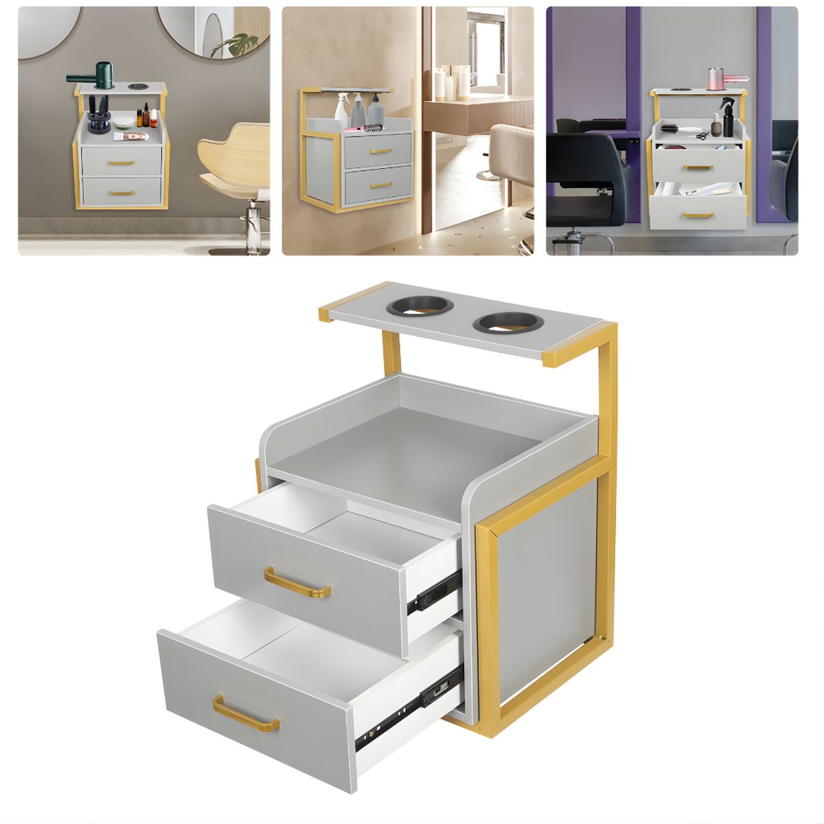Wandkast - Hangkast - Muurkast - Opbergmeubel - Voor kapsalon - Opbergkast met wandmontage -Goud/Grijs