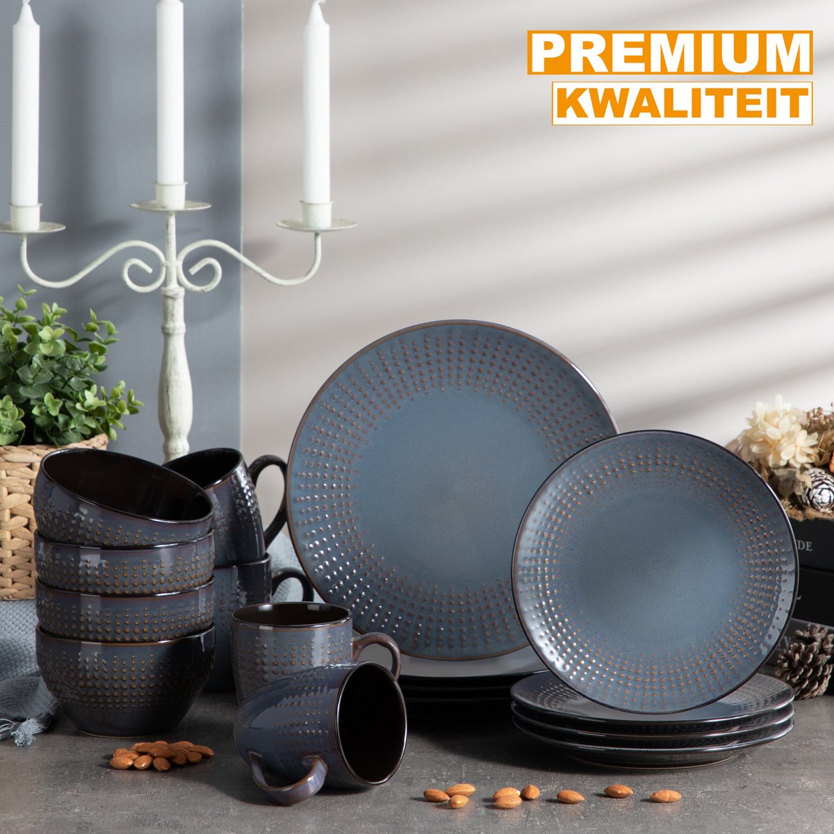 Vittoria Serviesset - 48 delig - 12 persoons - Donkergrijs - Dinerborden - Bordenset - Diepe borden - Ontbijtborden - Servies - Keukenservies