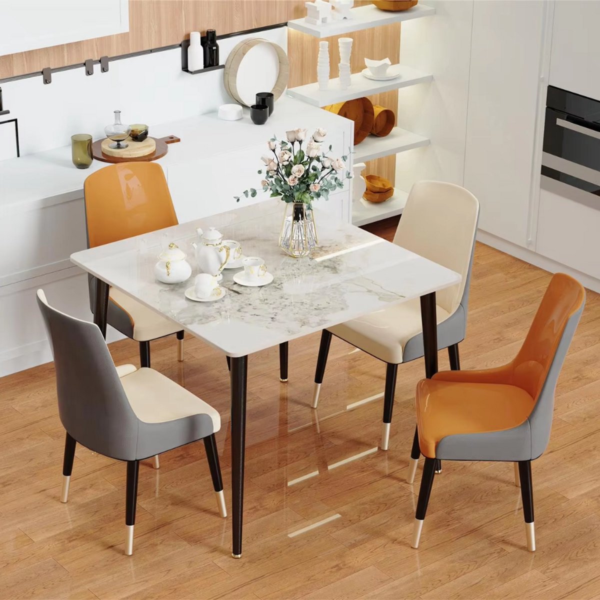 Marmeren Eetkamertafel 4 Personen - Glossy Grijs - Metalen Poten - Voor Keuken, Restaurant & Café