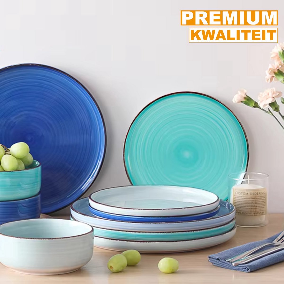 Valentis Ovenschaal - 16 delig - 6 persoons - Blauw - Dinerborden - Bordenset - Diepe borden - Ontbijtborden - Servies - Keukenservies